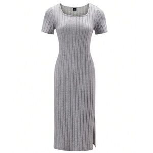 SHEIN Light Grey Stretchy Knit Bodycon Dress with Side Slit/ Large